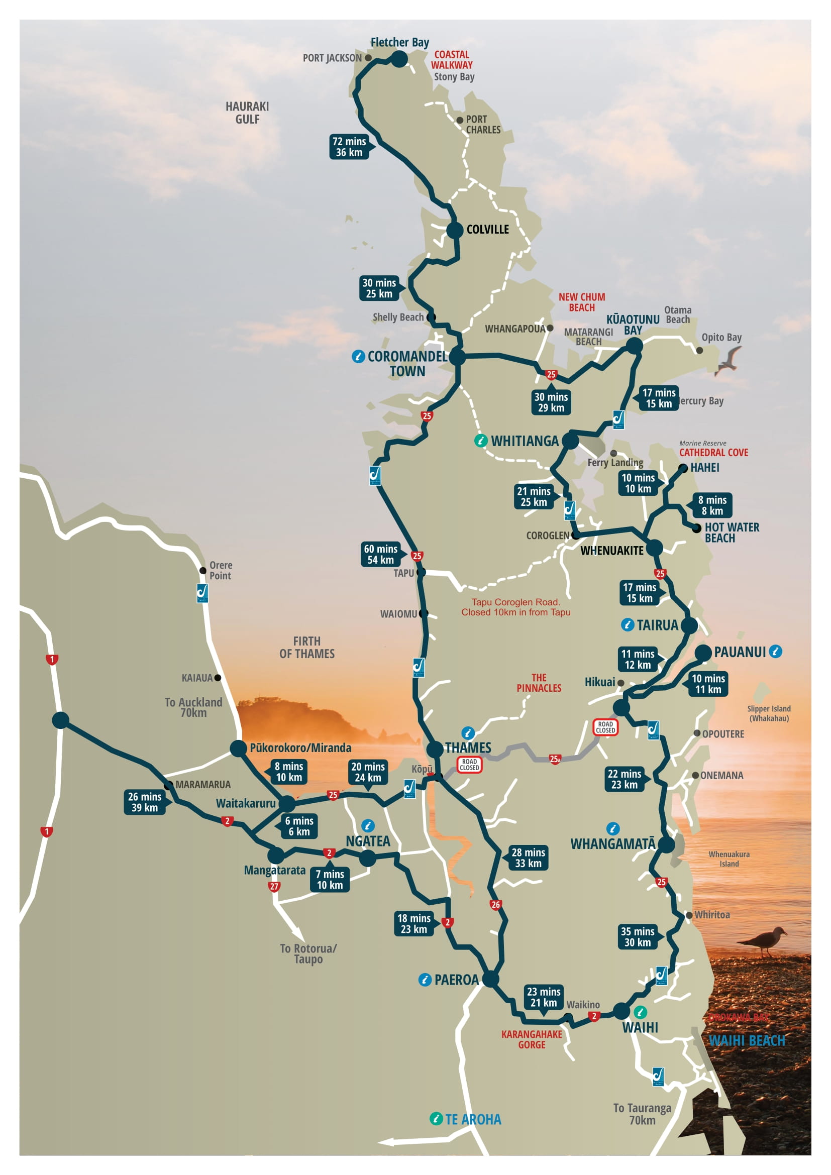 Coromandel Map Driving Times after storm